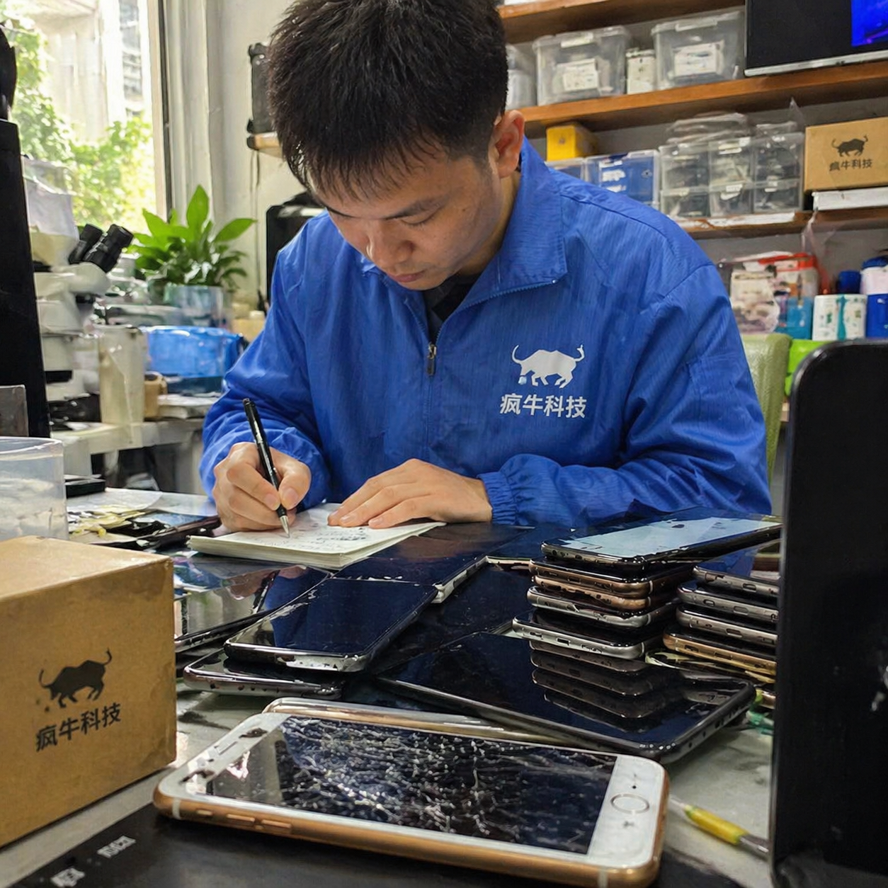 手机纪实抓拍视角。一个真实的维修工作台,桌上散落着几台待维修的碎屏iPhone,展现出业务繁忙的真实感。一位穿着蓝色防静电工装的东亚男技师正低头记录,工装胸口清晰印有「疯牛科技logo」。背景是略显杂乱但专业的维修间,架子上摆满了零件盒。自然光从窗外射入,画面有真实的人类皮肤纹理和手机拍摄特有的自然景深。Authentic candid photography, shot on smartphone, natural daylight, real life repair scene, unposed, authentic human textures.