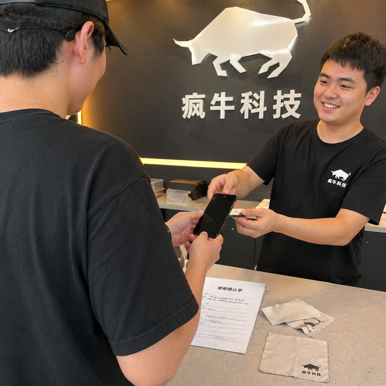 手机随手拍视角。在「疯牛科技」门店的开放式柜台前,技师正将一台修复完成、屏幕光洁如新的iPhone递给客户,手机屏幕反射着店内的暖色灯光。背景墙上是极简风格的「疯牛科技logo」招牌。柜台上放着几块无尘布和维修确认单,整体氛围轻松且充满信任感,像是一次随意的生活记录。Authentic candid photography, shot on smartphone, natural daylight, real life repair scene, unposed, high trust, authentic human textures.