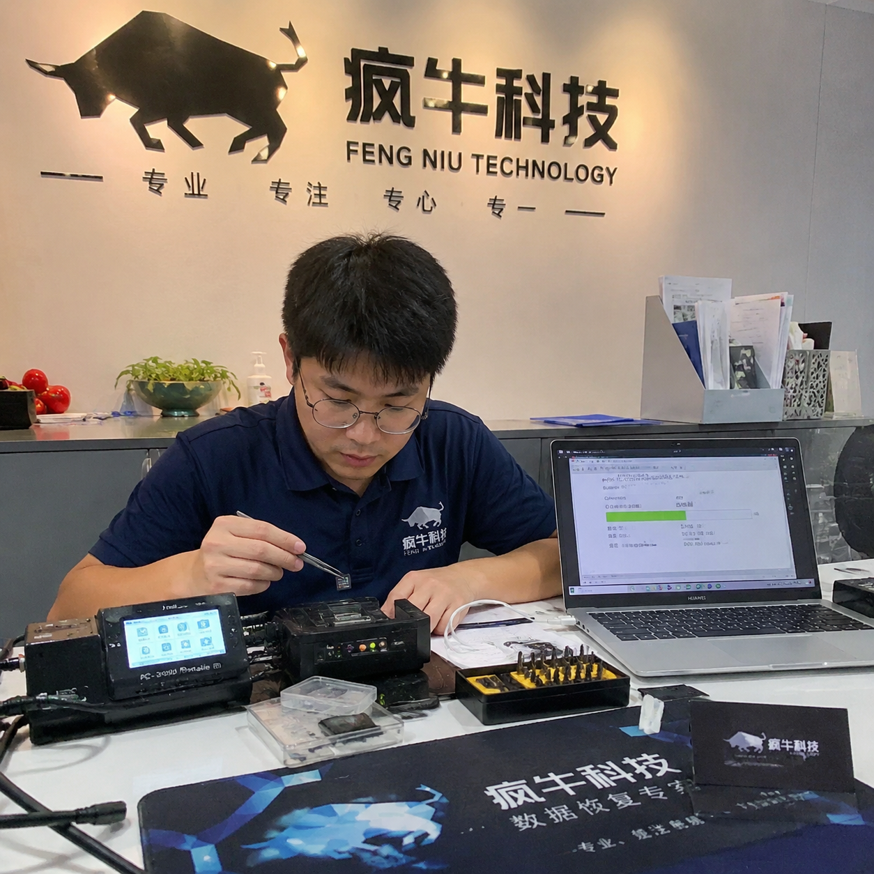 手机纪实抓拍。在光线自然的疯牛科技服务前台,一位穿着印有「疯牛科技logo」深蓝色工作服的东亚男技术员正坐在桌前,用镊子小心翼翼地夹起一张微型SD卡放入读卡器。桌面上散落着检测仪器和笔记本电脑,屏幕上显示着数据扫描进度条。画面呈现出真实的手机随手拍质感,略带生活化的杂乱感,自然光线,细节丰富。Authentic candid photography, shot on smartphone, natural daylight, real life repair scene, unposed, slight motion blur, casual perspective, authentic human textures.