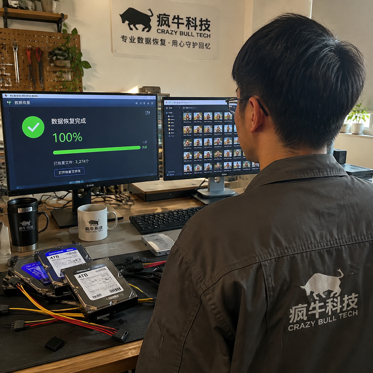 手机纪实抓拍。在疯牛科技的数据恢复工作区,一位东亚男工程师身穿印有「疯牛科技logo」的灰色工装,正看着面前的双显示器屏幕。屏幕上显示着“数据恢复完成 100%”的绿色进度条,以及大量成功找回的视频和照片文件夹预览。桌上凌乱地摆放着几块待交付的硬盘、SATA连接线和水杯,光线温暖自然,充满日常工作的真实信任感。Authentic candid photography, shot on smartphone, natural daylight, real life repair scene, unposed, slight motion blur, casual perspective, authentic human textures.