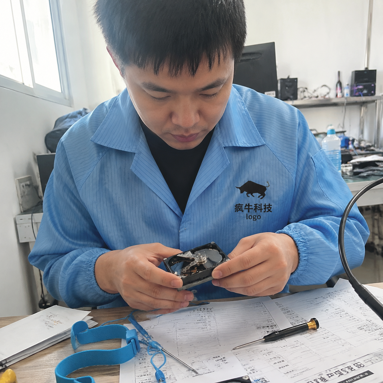一张手机纪实抓拍的照片。在光线充足的工作室内,一位东亚年轻男技术员穿着蓝色防静电工装,工装胸口印有清晰的「疯牛科技logo」标识。他正坐在略显杂乱的办公桌前,手里拿着一块拆开的2.5寸机械硬盘,神情专注。桌上散落着精密螺丝刀、蓝色静电手环和几张维修单。自然光从侧面窗户照进来,画面带有手机随手拍的真实生活感与轻微的动态模糊。Authentic candid photography, shot on smartphone, natural daylight, real life repair scene, unposed, slight motion blur, casual perspective, authentic human textures.