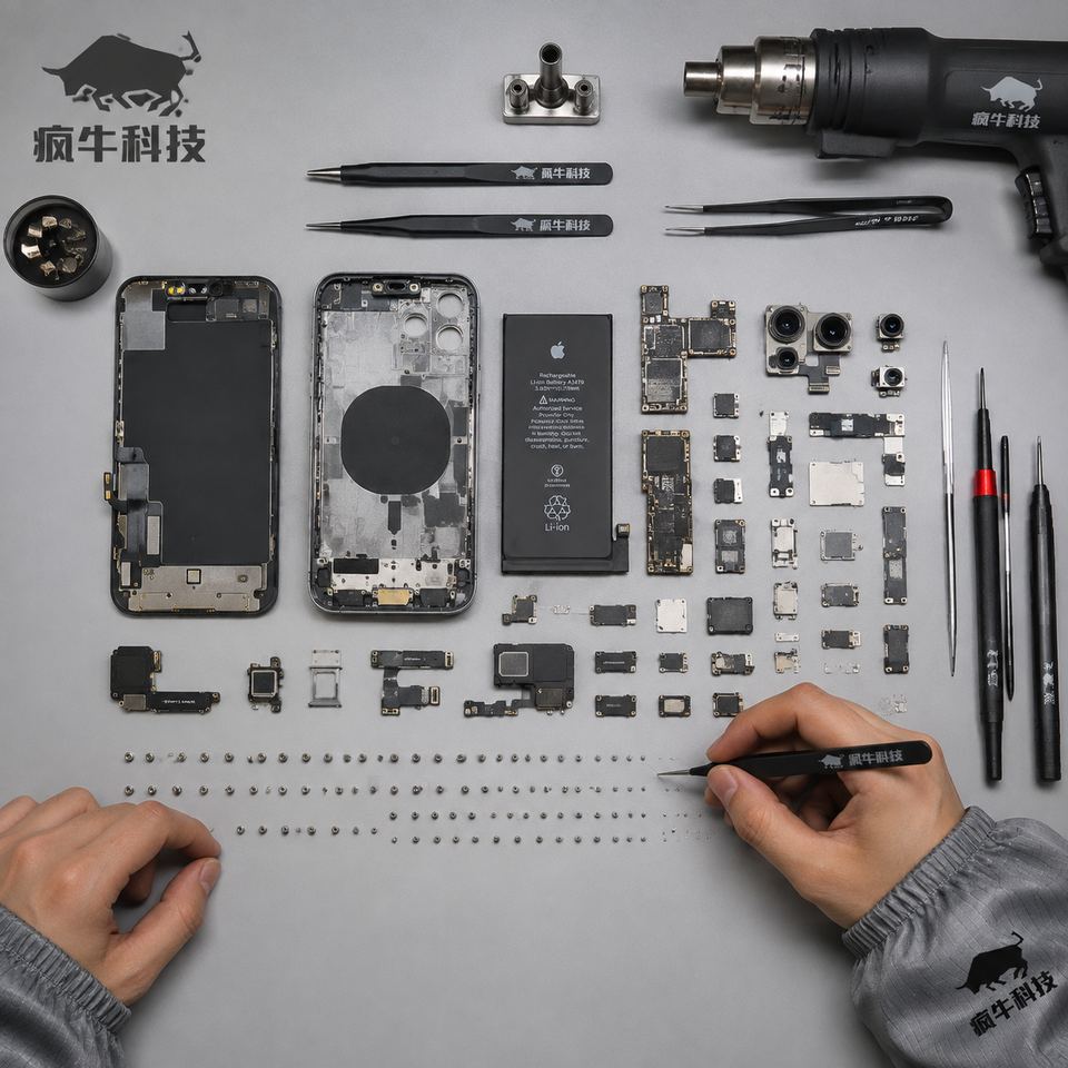 俯瞰90度視角（Knolling風格：iPhone手機零部件）