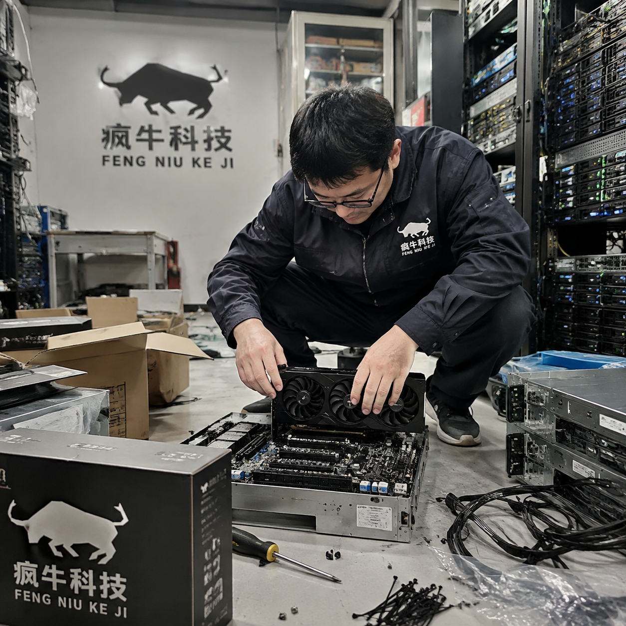 手机纪实抓拍风格，在宽敞的IT技术整备间。一位东亚男工程师正蹲在地上，组装一台高性能服务器主机。他穿着印有“疯牛科技”Logo的防静电工作服，双手正在将一块大型显卡插入主板。周围散落着主板包装盒、扎带和螺丝刀，呈现出真实的装机工作现场。背景中可以看到一排服务器机柜和凌乱的线缆。自然光，iPhone随手拍的纪实镜头，画面真实、硬核且充满科技感。