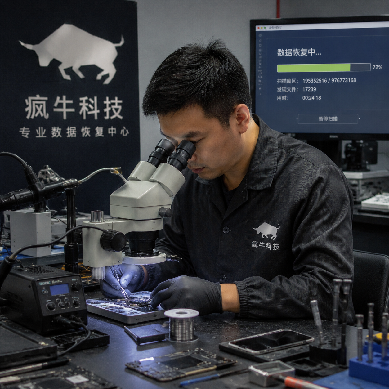 手机纪实抓拍风格。在数据恢复工作室内，一位东亚男技术人员正微微低头，通过一台专业双目体视显微镜观察受损的手机主板。他穿着印有“疯牛科技”Logo的防静电工装。工作台上摆放着BGA焊台、微型焊锡丝和精密镊子，桌面略显杂乱但极具专业感。背景中的电脑屏幕上显示着数据扫描恢复的进度条。自然室内光，iPhone随手拍的真实镜头，具有极强的行业说服力与信任感。
