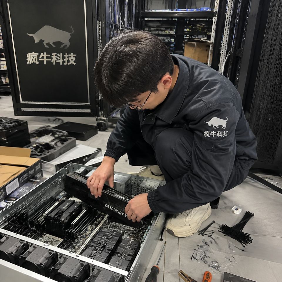 手機紀實抓拍風格。在寬敞的IT技術整備間，一位東亞男工程師正蹲在地上組裝一臺高效能伺服器主機。他穿著印有“瘋牛科技”Logo的防靜電工作服，雙手正在將一塊大型顯示卡插入主機板。周圍散落著主機板包裝盒、紮帶和螺絲刀，呈現出真實的裝機工作現場。背景中可以看到一排伺服器機櫃和凌亂的線纜。自然光，iPhone隨手拍的紀實鏡頭，畫面真實、硬核且充滿科技感。