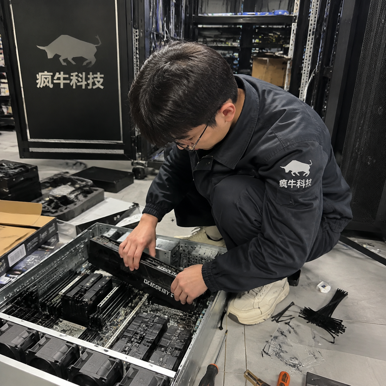 手机纪实抓拍风格。在宽敞的IT技术整备间，一位东亚男工程师正蹲在地上组装一台高性能服务器主机。他穿着印有“疯牛科技”Logo的防静电工作服，双手正在将一块大型显卡插入主板。周围散落着主板包装盒、扎带和螺丝刀，呈现出真实的装机工作现场。背景中可以看到一排服务器机柜和凌乱的线缆。自然光，iPhone随手拍的纪实镜头，画面真实、硬核且充满科技感。