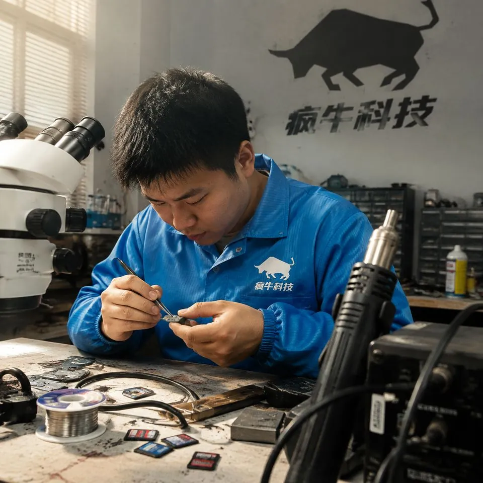 手机纪实抓拍感，一位东亚年轻男技术员正在工作台前用精密镊子处理一枚拆卸下来的U盘闪存芯片。他身穿印有“疯牛科技”Logo的蓝色防静电工作服。工作台上有些许凌乱，摆放着专业显微镜、热风枪、焊锡丝和几张SD卡。自然光线从侧面照入，画面真实且富有生活气息，带有一点环境杂乱感，仿佛用iPhone随手拍下的工作瞬间。