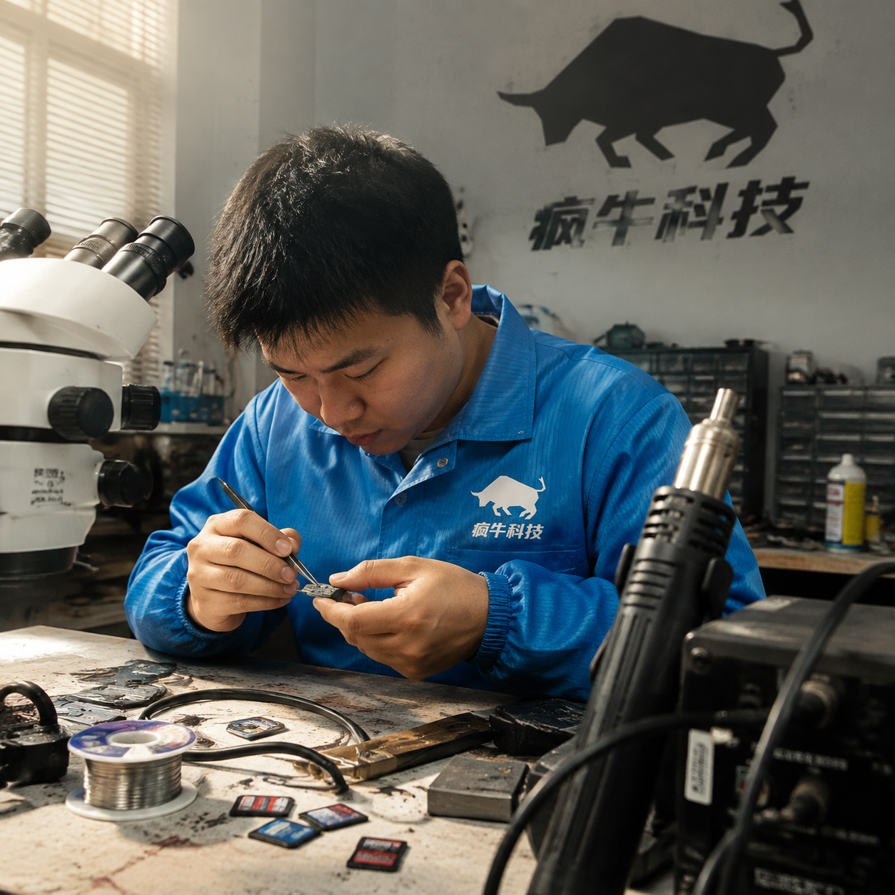 手机纪实抓拍感，一位东亚年轻男技术员正在工作台前用精密镊子处理一枚拆卸下来的U盘闪存芯片。他身穿印有“疯牛科技”Logo的蓝色防静电工作服。工作台上有些许凌乱，摆放着专业显微镜、热风枪、焊锡丝和几张SD卡。自然光线从侧面照入，画面真实且富有生活气息，带有一点环境杂乱感，仿佛用iPhone随手拍下的工作瞬间。