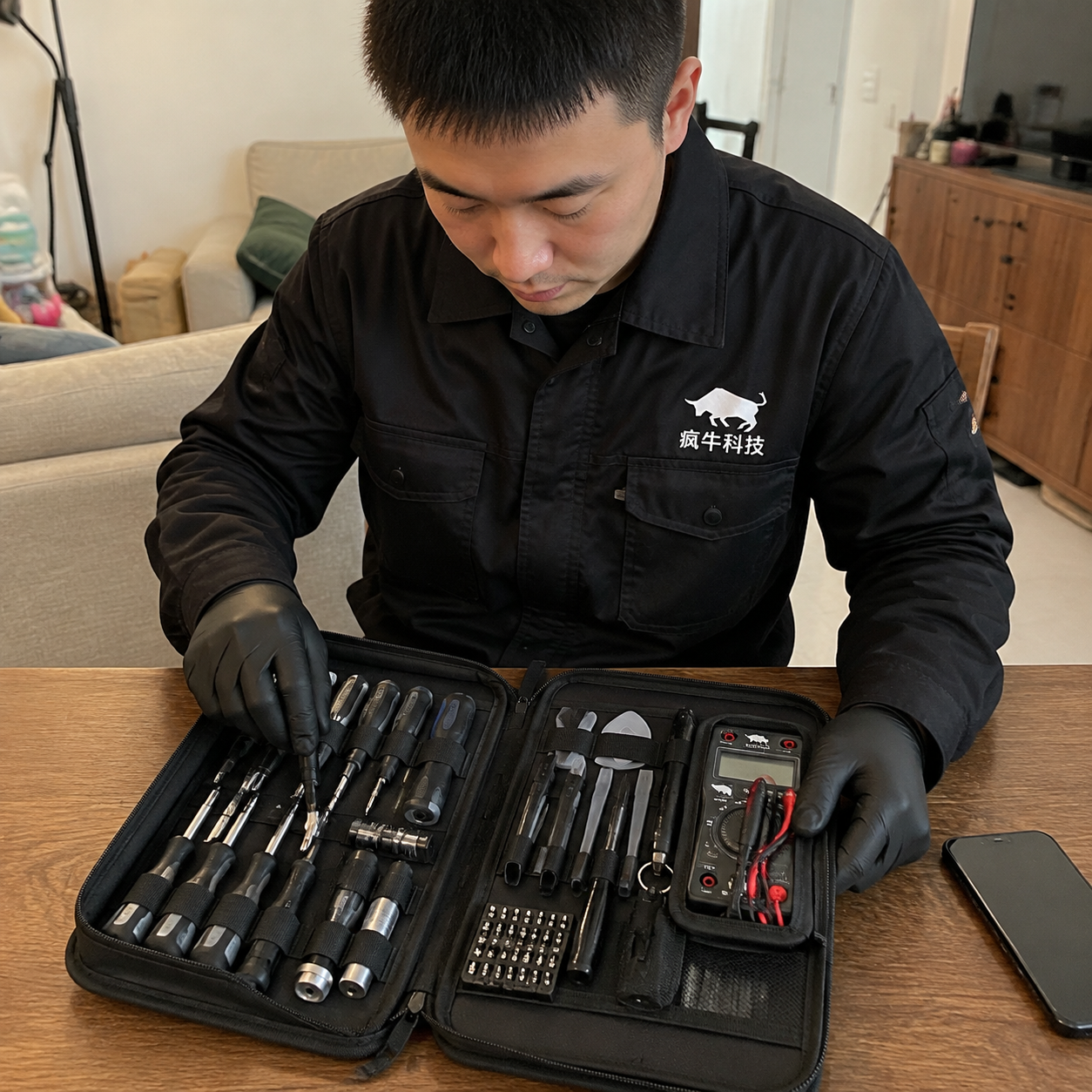 手机纪实抓拍风格，一位20多岁的东亚男维修工程师，身穿印有“疯牛科技”Logo的蓝色防静电工作服，正专注地低头看着双目显微镜。他手里拿着精细镊子，正在对一块拆开的手机主板进行芯片级微焊。工作台上有些许凌乱，摆放着热风枪、焊锡丝和螺丝刀，背景是百脑汇维修店的真实环境。自然光线从侧面照入，画面具有真实的现场感，iPhone随手拍画质，色彩自然，充满信任感。