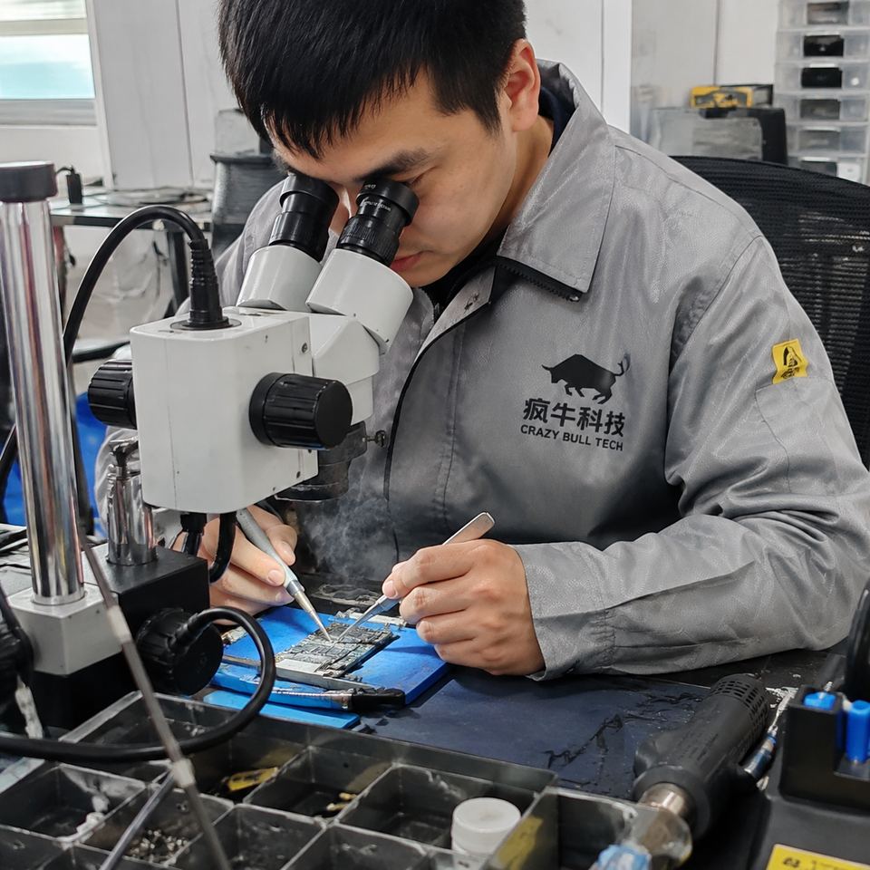 紀實抓拍。一位東亞男技術員穿著印有“瘋牛科技logo”的防靜電工作服,正微微低頭通過雙目顯微鏡觀察手機主機板,手裡拿著精細鑷子和焊筆,主機板上方有微弱的焊錫煙霧升起。工作台周圍擺放著熱風槍和螺絲盒,光線自然,細節豐富。Authentic candid photography, shot on smartphone, natural daylight, real life repair scene, unposed, slight motion blur, casual perspective, authentic human textures.