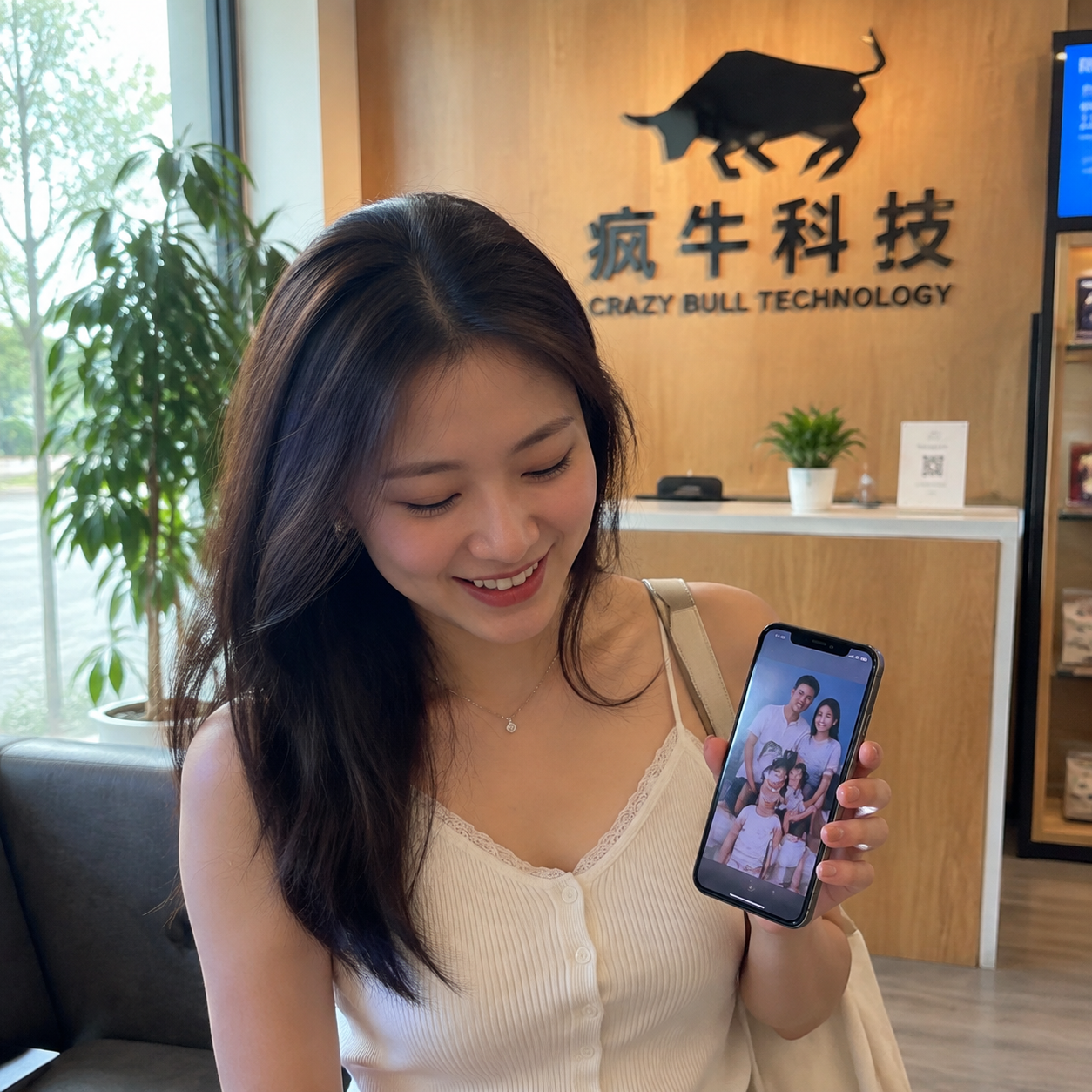 手机纪实抓拍。在“疯牛科技”门店的接待区,一位东亚女顾客正看着手里重新亮起、显示着温馨家庭合照的手机屏幕,脸上露出松了一口气的微笑。背景是温暖的木质色调和隐约的“疯牛科技logo”前台背景墙。自然光线,温暖而真实的瞬间。Authentic candid photography, shot on smartphone, natural daylight, real life repair scene, unposed, slight motion blur, casual perspective, authentic human textures.