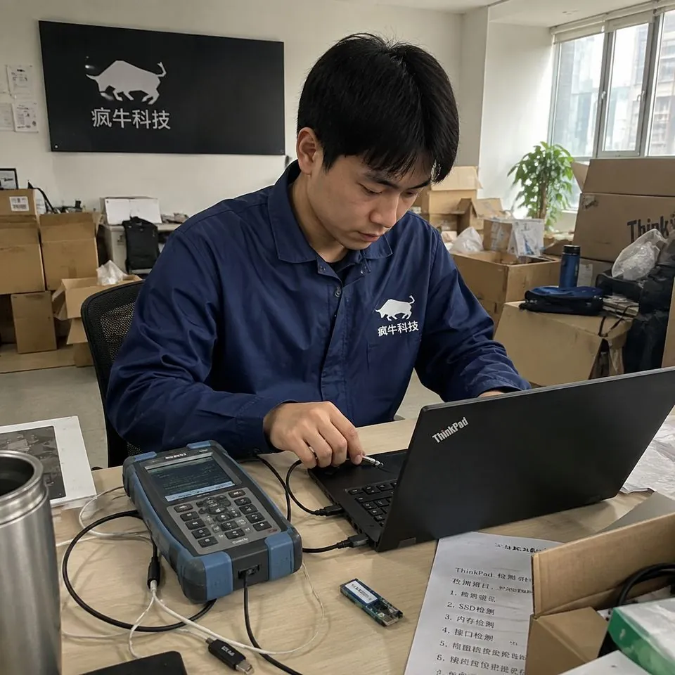 手机纪实抓拍镜头。一位年轻的东亚男技术员身穿印有“疯牛科技”Logo的深蓝色防静电工作服,正在杂乱的办公室桌面上检测一台联想ThinkPad笔记本电脑。桌上放着便携式检测仪、几根连接线和测试U盘。背景是正在打包搬家的办公室,有纸箱和散落的办公用品。自然光线从窗外射入,画面真实自然,带有一点生活化的杂乱感,iPhone随手拍视角。