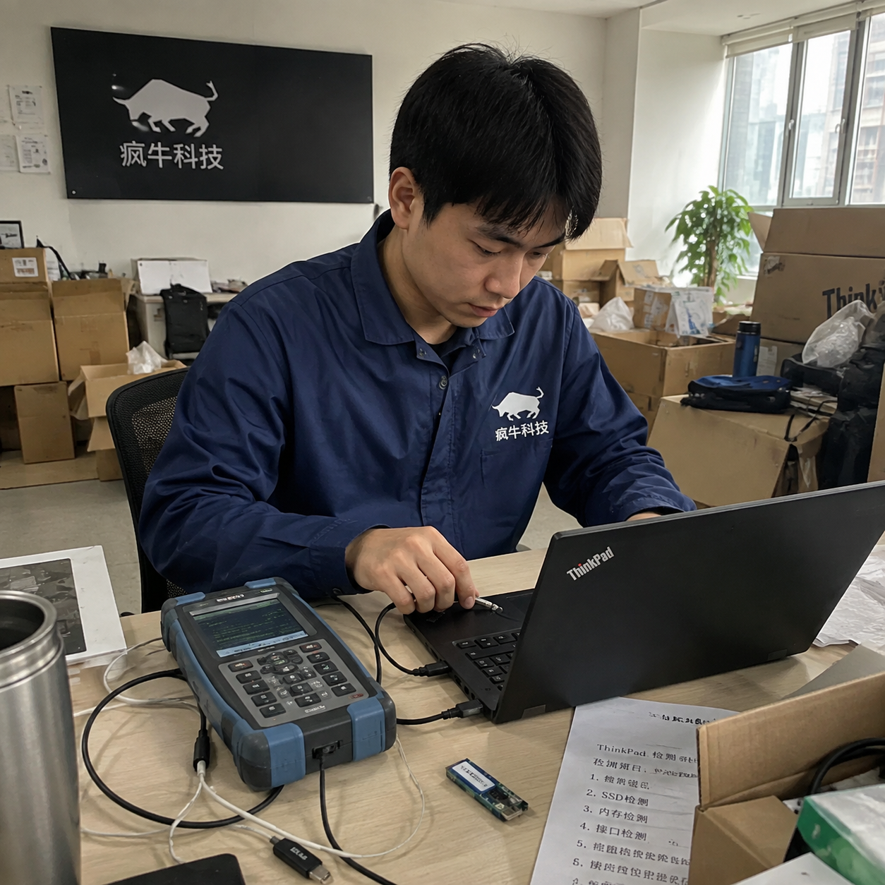 手机纪实抓拍镜头。一位年轻的东亚男技术员身穿印有“疯牛科技”Logo的深蓝色防静电工作服,正在杂乱的办公室桌面上检测一台联想ThinkPad笔记本电脑。桌上放着便携式检测仪、几根连接线和测试U盘。背景是正在打包搬家的办公室,有纸箱和散落的办公用品。自然光线从窗外射入,画面真实自然,带有一点生活化的杂乱感,iPhone随手拍视角。