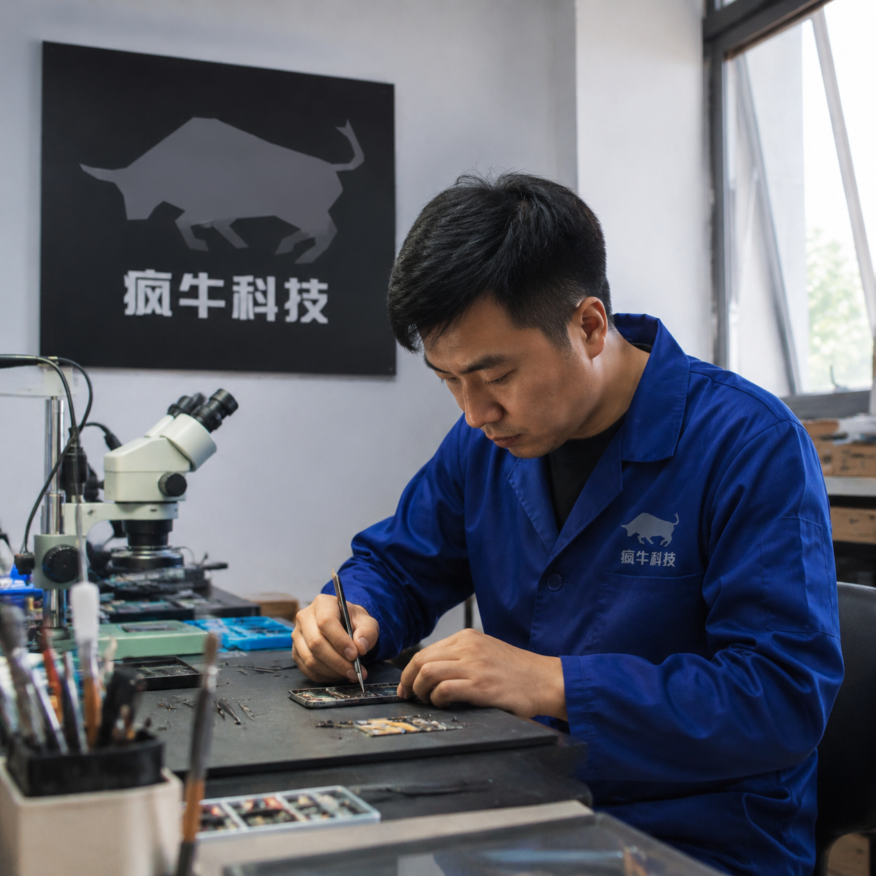 手机纪实抓拍风格,一位30岁左右的东亚男性技术员坐在稍微有些杂乱的专业维修台前。他穿着印有“疯牛科技”Logo的蓝色防静电工作服,正专注地看着面前拆解开的手机。工作台上摆放着精密镊子、螺丝刀、显微镜,背景是自然光照亮的工作室,带有真实的生活气息和轻微的凌乱感,iPhone随手拍的真实质感。