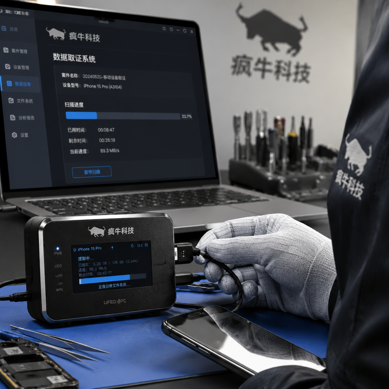 手机纪实抓拍镜头,特写。一只戴着防静电手套的手正用数据线将一部iPhone连接到专业的电子数据取证设备上。背景中,电脑屏幕上显示着正在运行的数据扫描进度条。技术员的衣袖上隐约露出“疯牛科技”的标志。画面光线自然,工作台上有少许维修工具,呈现出极具说服力的硬核技术现场。