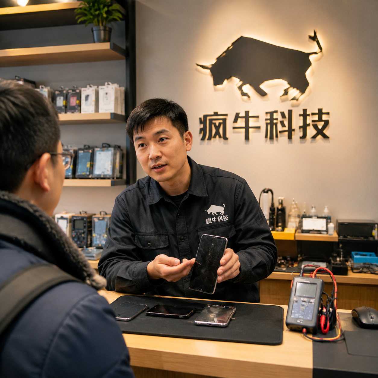 手机纪实抓拍,真实的数码维修店柜台场景。一位亲切的东亚男技术员穿着印有“疯牛科技”Logo的工装,正在向顾客展示手中的手机屏幕,神色专业且诚恳。背景是“疯牛科技”的品牌背景墙,货架上整齐摆放着配件和测试仪器。温暖的室内自然光,画面真实自然,充满信任感。