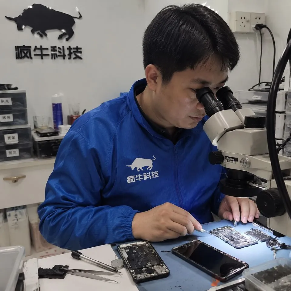 手机纪实抓拍风格，自然光线。一位30岁左右的东亚男性技术员专注地坐在略显杂乱的专业维修台前，他身穿印有“疯牛科技”Logo的蓝色防静电工作服。工作台上摆放着拆解开的手机、精密镊子、螺丝刀和一台台式显微镜。背景是真实的工作室环境，带有一点生活气息的凌乱感，iPhone随手拍的真实质感。