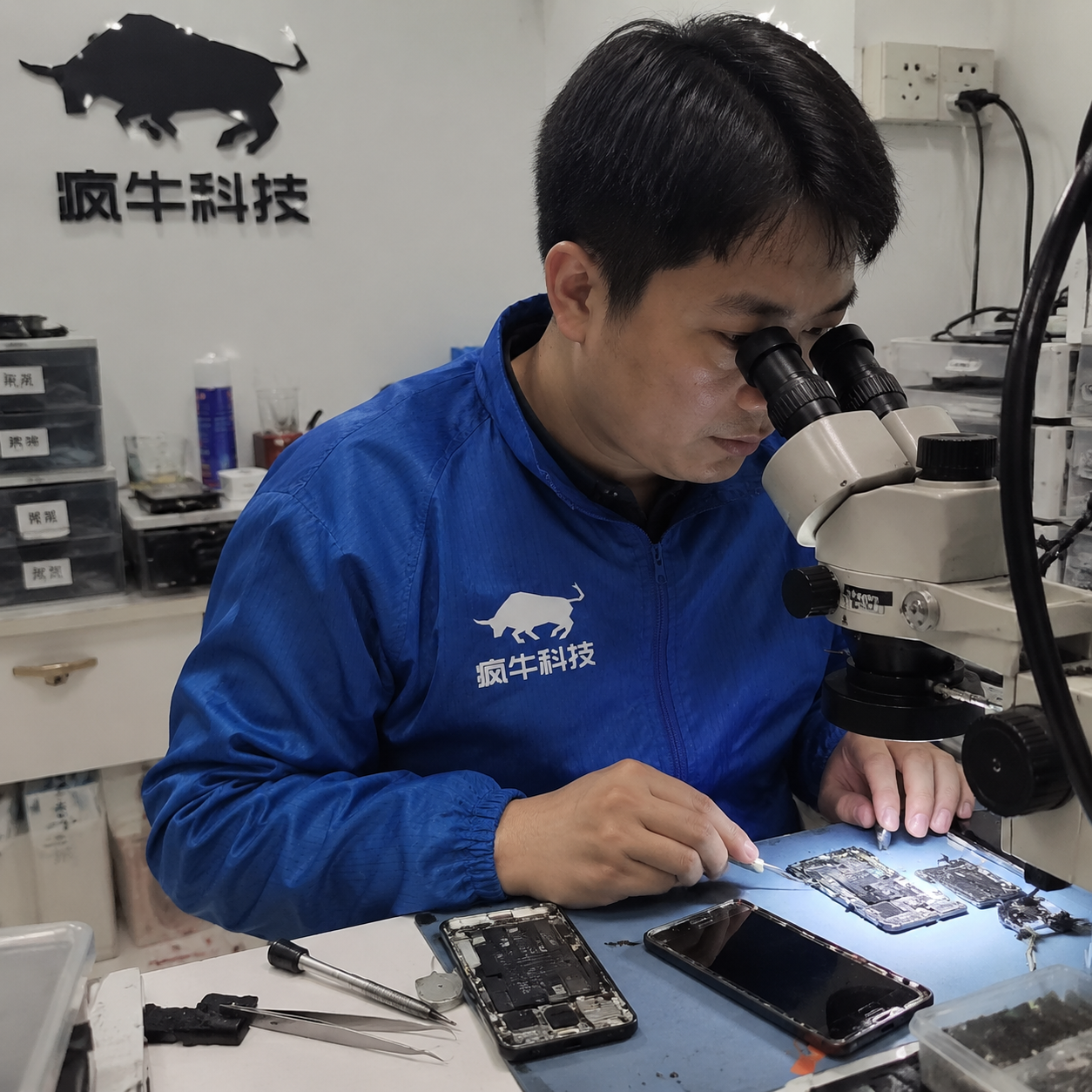 手机纪实抓拍风格,自然光线。一位30岁左右的东亚男性技术员专注地坐在略显杂乱的专业维修台前,他身穿印有“疯牛科技”Logo的蓝色防静电工作服。工作台上摆放着拆解开的手机、精密镊子、螺丝刀和一台台式显微镜。背景是真实的工作室环境,带有一点生活气息的凌乱感,iPhone随手拍的真实质感。