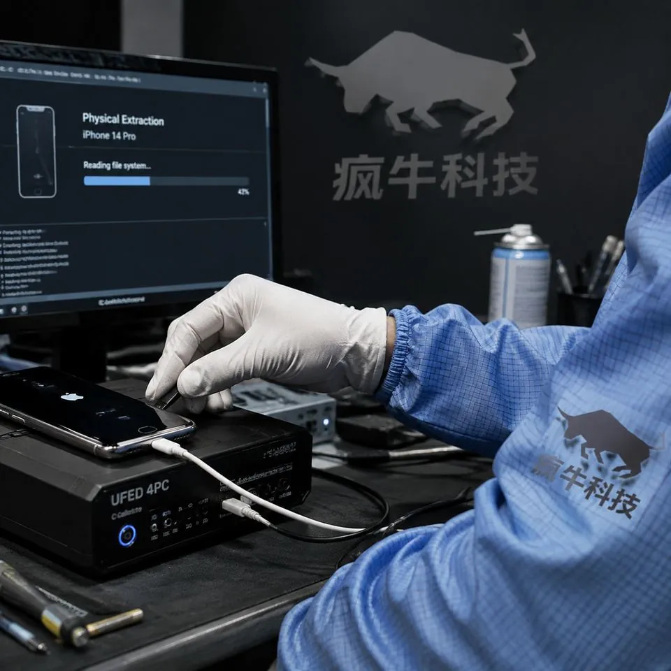 手机纪实抓拍特写镜头。一只戴着防静电手套的手正用数据线将一部iPhone连接到专业的电子数据取证设备上。背景中，电脑屏幕上显示着正在运行的数据扫描进度条。技术员的蓝色防静电服衣袖上隐约露出“疯牛科技”的标志。画面光线自然，工作台上有少许维修工具，呈现出极具说服力的硬核技术现场。