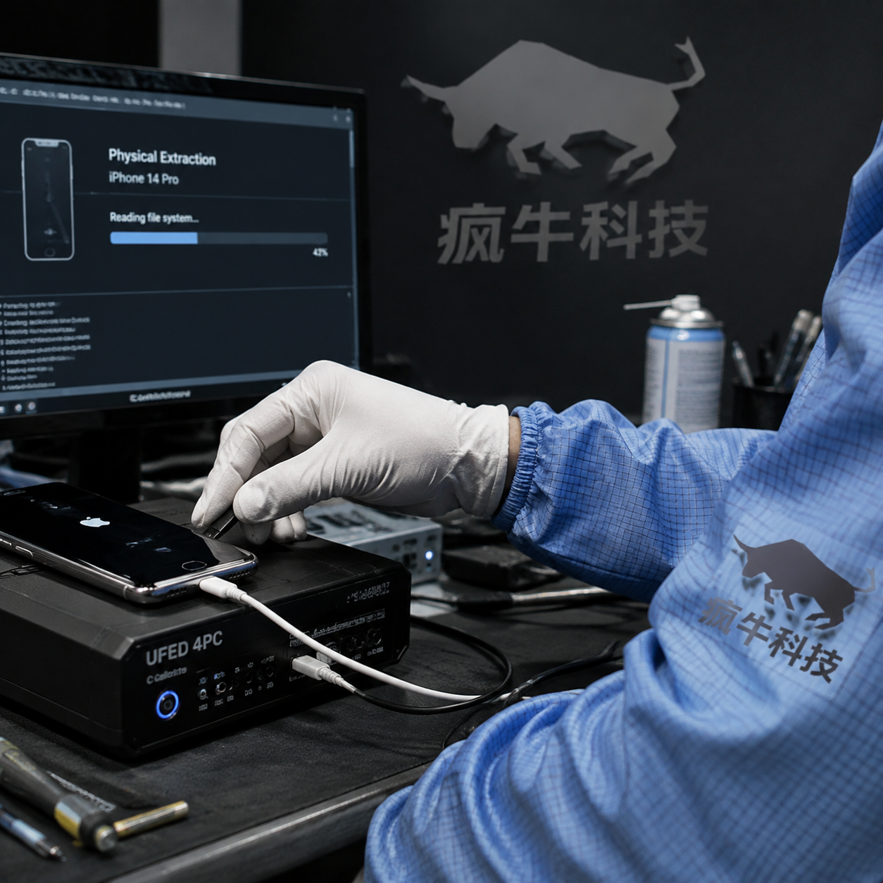 手机纪实抓拍特写镜头。一只戴着防静电手套的手正用数据线将一部iPhone连接到专业的电子数据取证设备上。背景中,电脑屏幕上显示着正在运行的数据扫描进度条。技术员的蓝色防静电服衣袖上隐约露出“疯牛科技”的标志。画面光线自然,工作台上有少许维修工具,呈现出极具说服力的硬核技术现场。