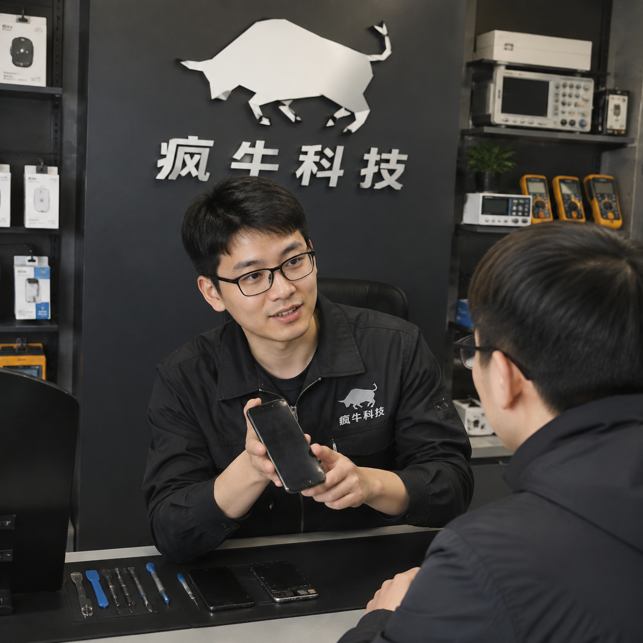 手机纪实抓拍,真实的数码维修店柜台场景。一位亲切的东亚男技术员穿着印有“疯牛科技”Logo的工装,正在向顾客展示手中的手机屏幕,神色专业且诚恳。背景是“疯牛科技”的品牌背景墙,货架上整齐摆放着配件和测试仪器。温暖的室内自然光,画面真实自然,充满信任感。