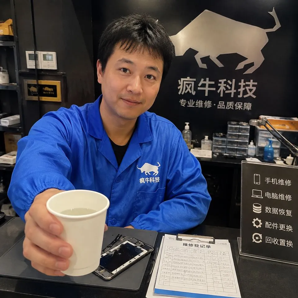 手机纪实抓拍风格,iPhone随手拍质感。一位30岁左右、眼神诚恳的东亚男性维修工程师坐在服务柜台后,身穿印有“专业团队”Logo的蓝色防静电工装。他正递出一杯温水,背景是真实的电子维修店前台,柜台上放着待检修的手机和登记单,略显杂乱,自然温暖的室内光线,充满生活气息与真诚的信任感。