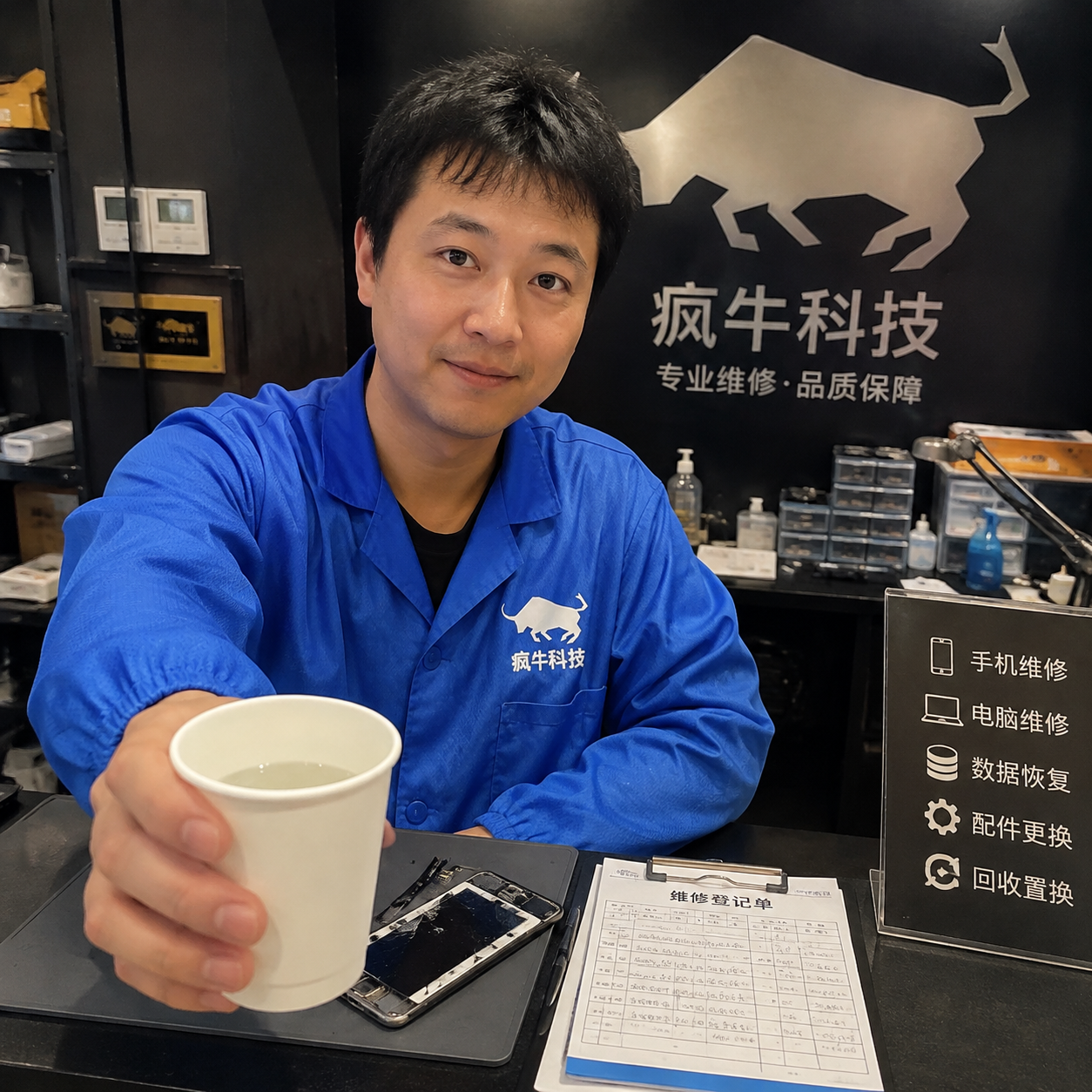 手机纪实抓拍风格,iPhone随手拍质感。一位30岁左右、眼神诚恳的东亚男性维修工程师坐在服务柜台后,身穿印有“专业团队”Logo的蓝色防静电工装。他正递出一杯温水,背景是真实的电子维修店前台,柜台上放着待检修的手机和登记单,略显杂乱,自然温暖的室内光线,充满生活气息与真诚的信任感。