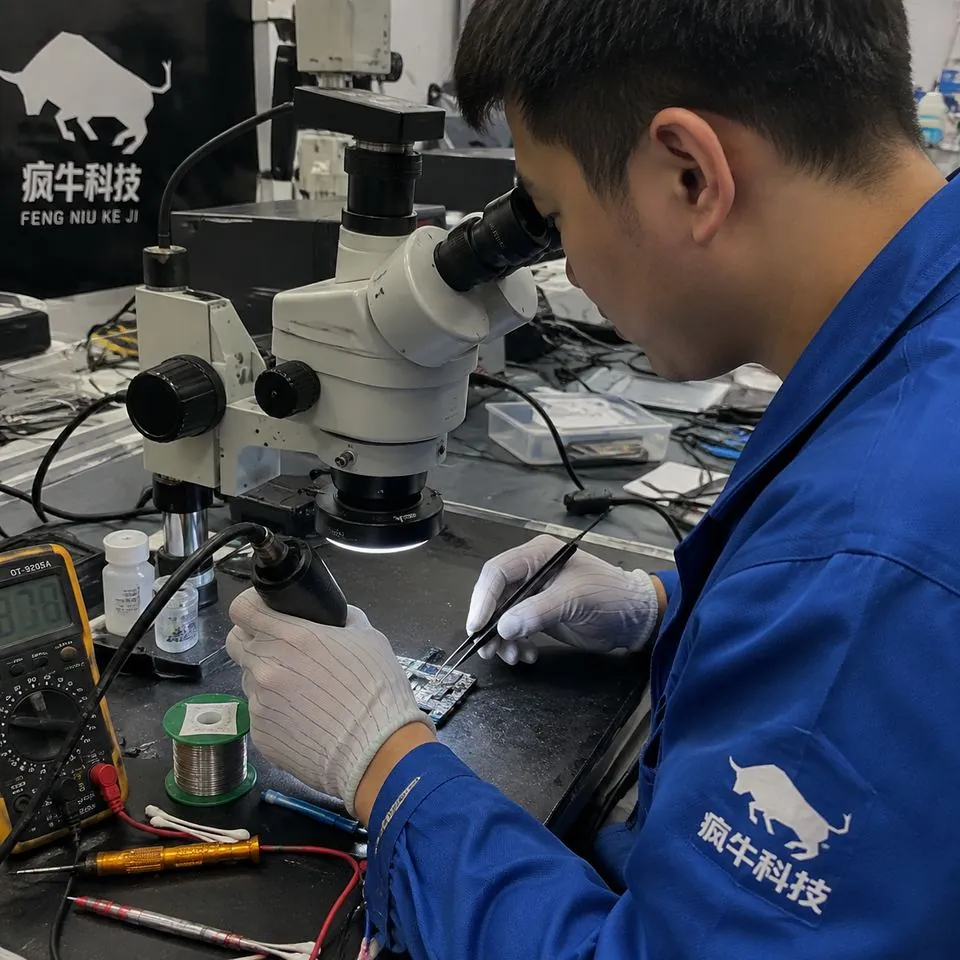 手机纪实抓拍,真实工作照。近景拍摄无尘工作台上的芯片级维修场景。一位东亚男工程师戴着防静电手套,手持精细镊子和热风枪,在显微镜下对手机主板进行“搬板”操作。他身穿印有“专业团队”Logo的蓝色工作服,袖口出镜。工作台上散落着万用表、螺丝刀和焊锡丝,画面有真实工作的杂乱感,自然光,极具硬核专业度。
