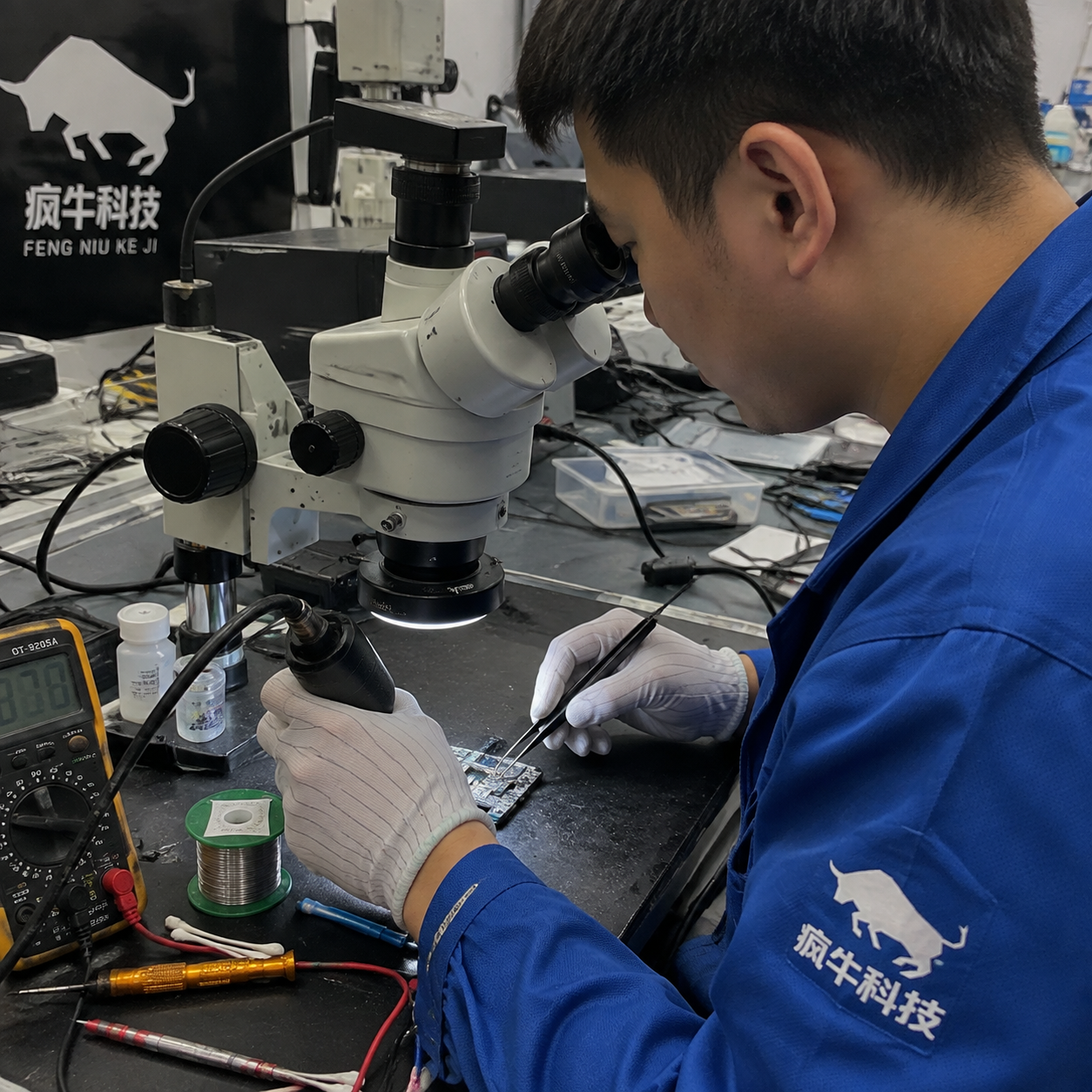 手机纪实抓拍,真实工作照。近景拍摄无尘工作台上的芯片级维修场景。一位东亚男工程师戴着防静电手套,手持精细镊子和热风枪,在显微镜下对手机主板进行“搬板”操作。他身穿印有“专业团队”Logo的蓝色工作服,袖口出镜。工作台上散落着万用表、螺丝刀和焊锡丝,画面有真实工作的杂乱感,自然光,极具硬核专业度。