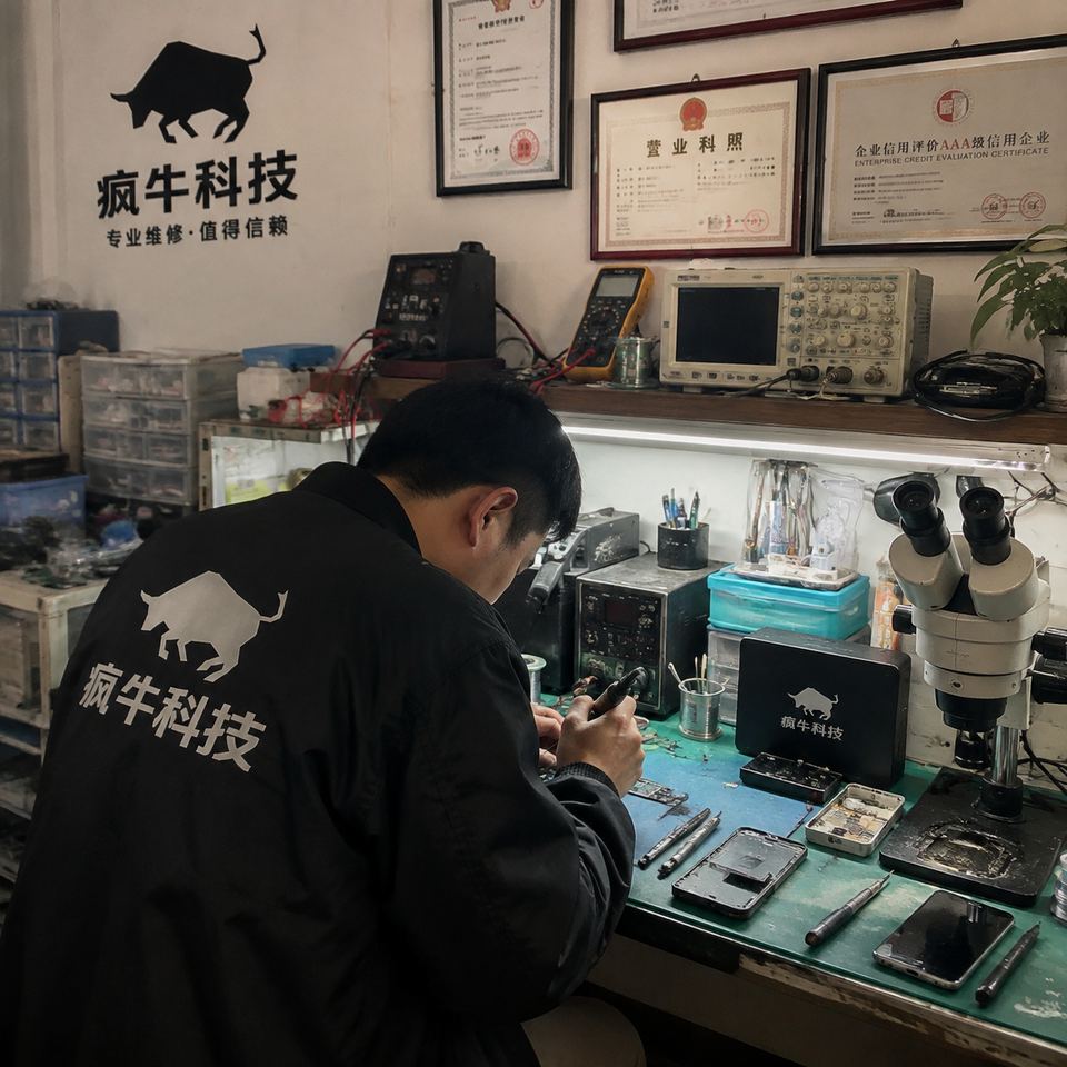 手機紀實抓拍,iPhone隨手拍視角。從側後方拍攝專業團隊的維修工作室。一位東亞工程師正低頭專注地在工作台前用烙鐵焊接,他背部工裝上印有清晰的“專業團隊”Logo。工作台上擺滿了專業的維修工具、示波器、各種待修的手機零件和螺絲盒,背景牆上掛著資質證書。畫面帶有真實的雜亂感,溫暖的日光燈光線,充滿煙火氣與腳踏實地的信任感。