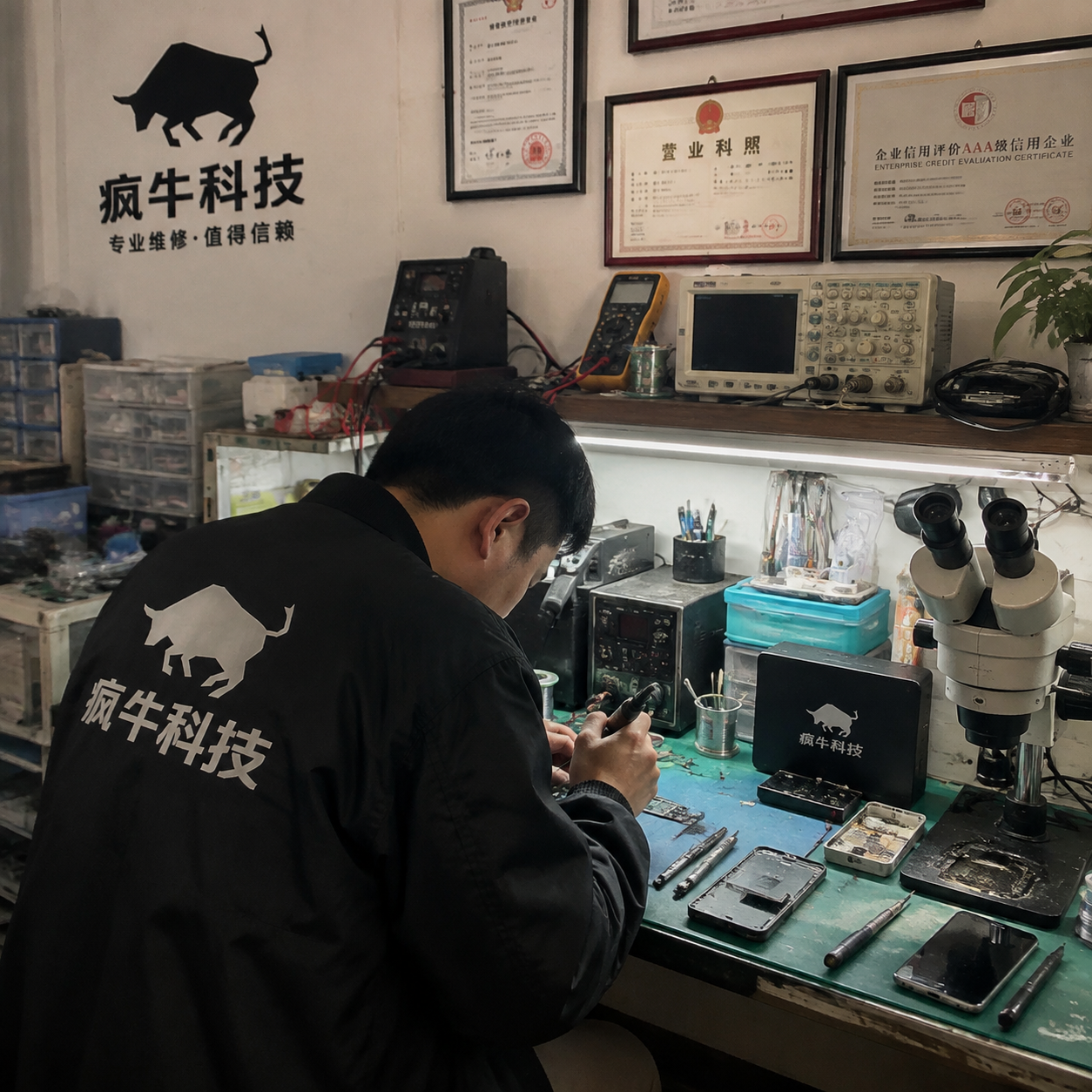 手机纪实抓拍,iPhone随手拍视角。从侧后方拍摄专业团队的维修工作室。一位东亚工程师正低头专注地在工作台前用烙铁焊接,他背部工装上印有清晰的“专业团队”Logo。工作台上摆满了专业的维修工具、示波器、各种待修的手机零件和螺丝盒,背景墙上挂着资质证书。画面带有真实的杂乱感,温暖的日光灯光线,充满烟火气与脚踏实地的信任感。