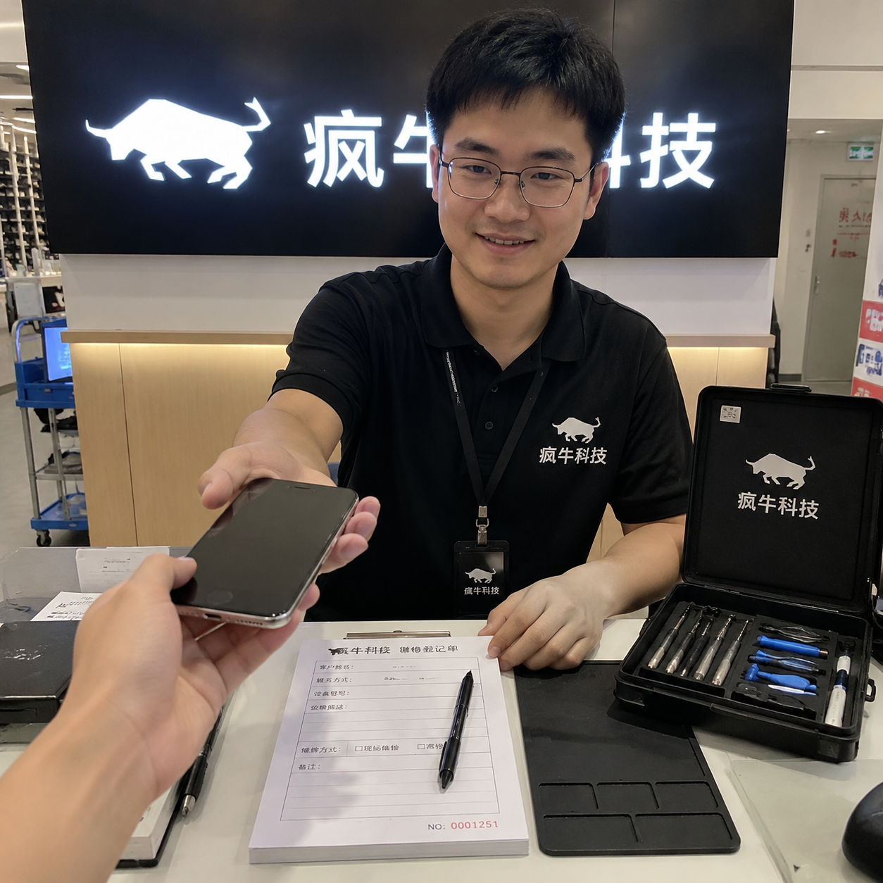 手机纪实抓拍,第一人称视角。郑州百脑汇“疯牛科技”门店的接待前台,背景墙上挂着“疯牛科技”的灯箱招牌。一位穿着印有“疯牛科技”Logo工作服的东亚男技术员正微笑着接过顾客递来的手机,准备进行紧急诊断。柜台上有维修登记表和工具盒,环境真实自然,充满生活气息。