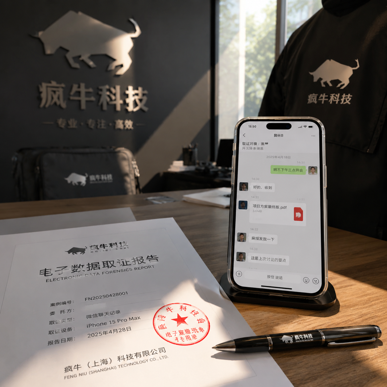 手机纪实抓拍,iPhone随手拍。办公桌上放着一份刚刚打印出来的“疯牛科技 电子数据取证报告”,上面盖着红色的公章。报告旁边是一部亮着屏幕的手机,显示着恢复出来的微信聊天记录,还有一支黑色签字笔。阳光从窗外斜射进来,画面真实、温暖且充满说服力。