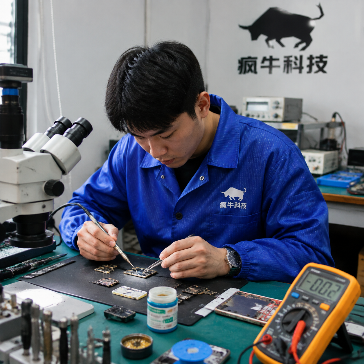 手机纪实抓拍风格,一位年轻的东亚男技术员正在维修工作台前工作。他穿着印有“疯牛科技”Logo的蓝色防静电工作服,正用镊子和细烙铁对一块手机主板进行芯片级微焊。工作台上摆放着双目显微镜、万用表、焊油和散落的螺丝。自然光线,画面带有一点工作环境的真实杂乱感,高清晰度,极具信任感。