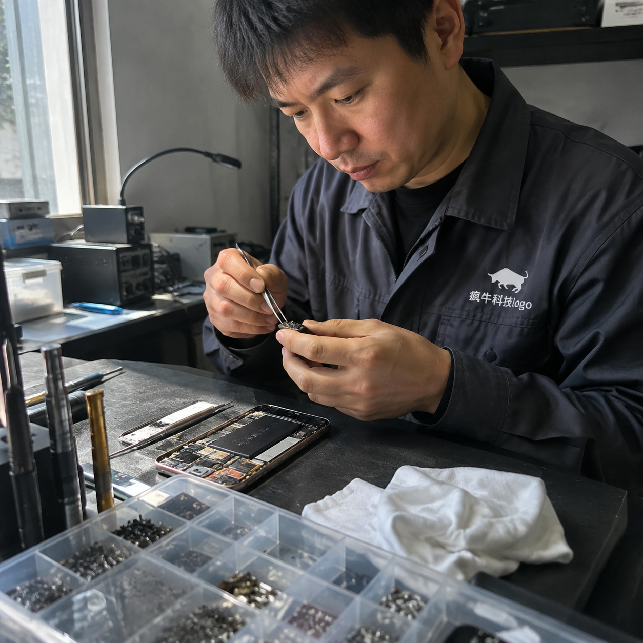 手机纪实抓拍视角。阳光从窗户洒在稍微有些杂乱的手机维修工作台上,一位约35岁的东亚男性维修师身穿深灰色防静电工装,工装胸口印有清晰的「疯牛科技logo」的标识。他神情专注,正用镊子小心翼翼地夹取一部拆开的智能手机内部零件。桌面上散落着螺丝盒、螺丝刀和擦拭布,呈现出真实、无摆拍的工作瞬间。画面有轻微的手机拍照自然感,光影真实,皮肤纹理清晰。Authentic candid photography, shot on smartphone, natural daylight, real life repair scene, unposed, slight motion blur, casual perspective, authentic human textures.