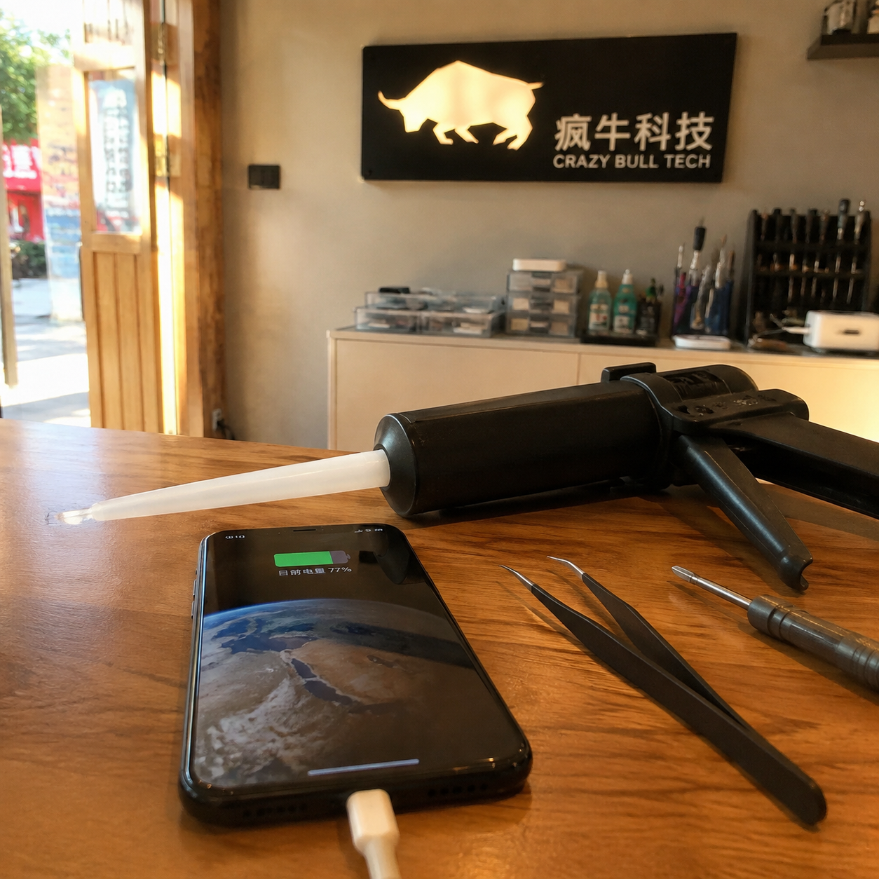 手机纪实抓拍。在维修店的木质前台桌面上,一部刚刚修复完成、屏幕亮起显示正常充电界面的智能手机平放着。旁边是刚用完的防水胶点胶枪和几件维修工具。背景是稍微有些模糊的维修店背景墙,墙上挂着「疯牛科技logo」的标识灯箱。阳光从门口照进来,画面温暖而真实,充满生活气息和信任感。Authentic candid photography, shot on smartphone, natural daylight, real life repair scene, unposed, slight motion blur, casual perspective, authentic human textures.