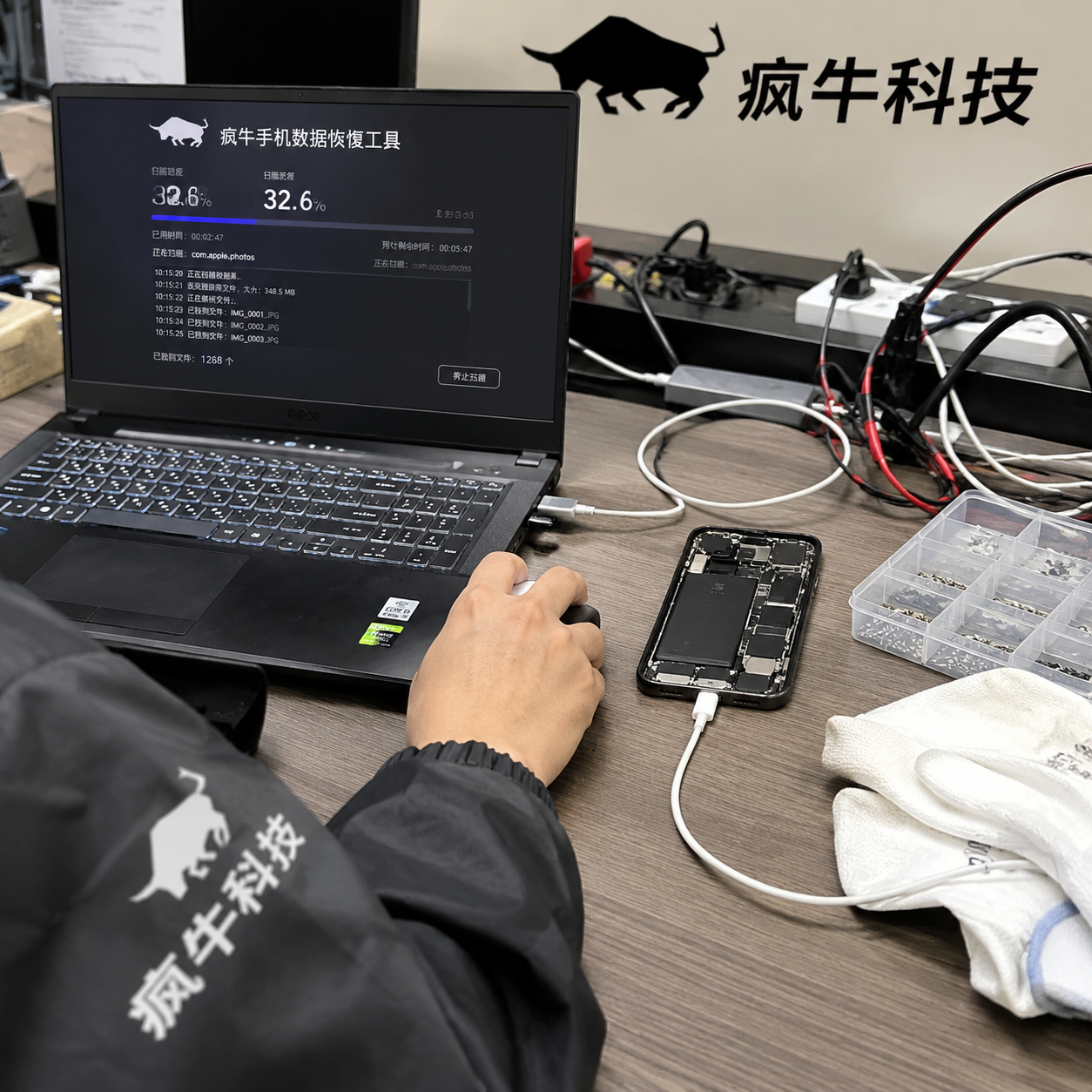 手机纪实抓拍感。凌乱而专业的电子数据恢复工作台实拍。一台笔记本电脑屏幕上正运行着“疯牛手机数据恢复工具”的扫描界面,旁边用数据线连接着一部拆开后盖的智能手机。一位穿着“疯牛科技”Logo防静电服的东亚技术员的一只手正在操控鼠标。工作台上散落着测试线缆、防静电手套和螺丝盒。自然光,iPhone随手拍视角,充满生活气息与极强的真实信任感。