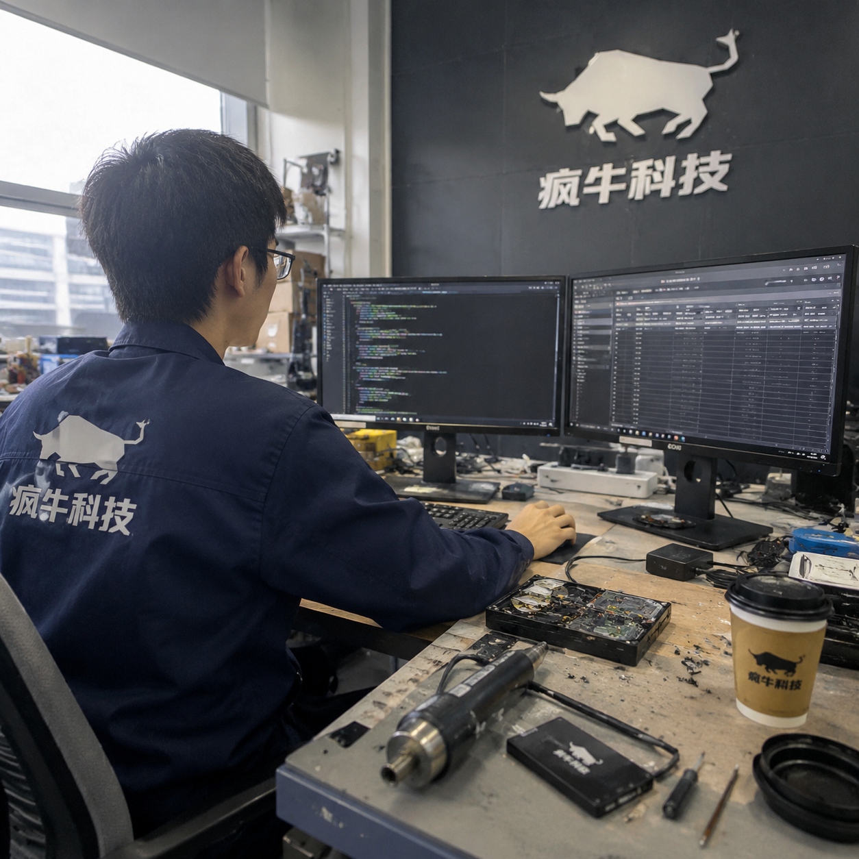 一张手机纪实抓拍风格的照片。在“疯牛科技”数码工作室里,一位年轻的东亚男技术员正坐在工作台前调试本地AI智能体系统。工作台上有双显示器,屏幕上闪烁着Python代码终端和自动化数据表格。技术员穿着印有“疯牛科技”Logo的蓝色防静电工作服。桌面略显杂乱,散落着拆开的固态硬盘、螺丝刀、热风枪和一杯喝了一半的咖啡。侧面自然光照射,画面带有iPhone随手拍的真实生活感和微弱颗粒感,展现出真实硬核的技术日常。