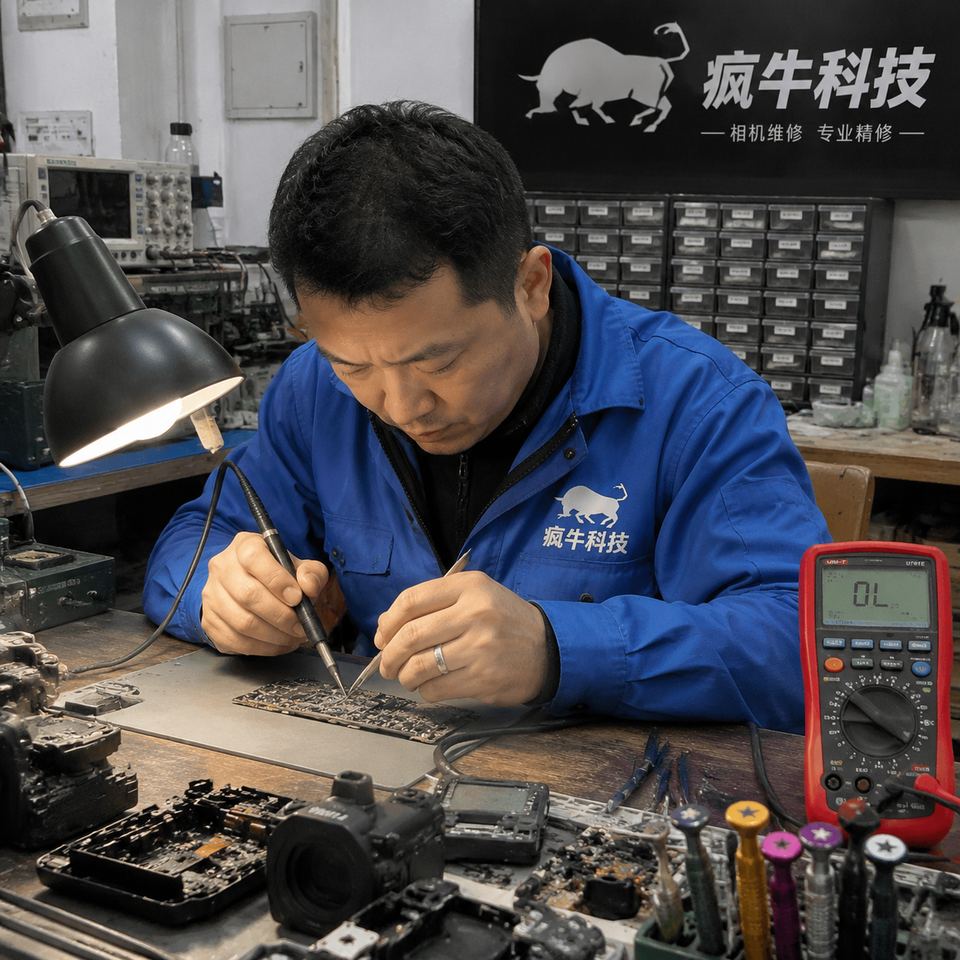手機紀實抓拍風格。一位30多歲的東亞男維修師，身穿印有“瘋牛科技”Logo的藍色防靜電工裝，正專注地在工作台前進行相機主機板的晶片級微焊。工作台上有些許凌亂，擺放著拆解開的相機零件、精密鑷子、電烙鐵和萬用表。背景是真實的數位維修鋪，有零件收納盒和測試儀器。自然光線與檯燈暖光交織，畫面具有真實的現場感和生活氣息，像用iPhone隨手拍下的工作瞬間，充滿信任感。