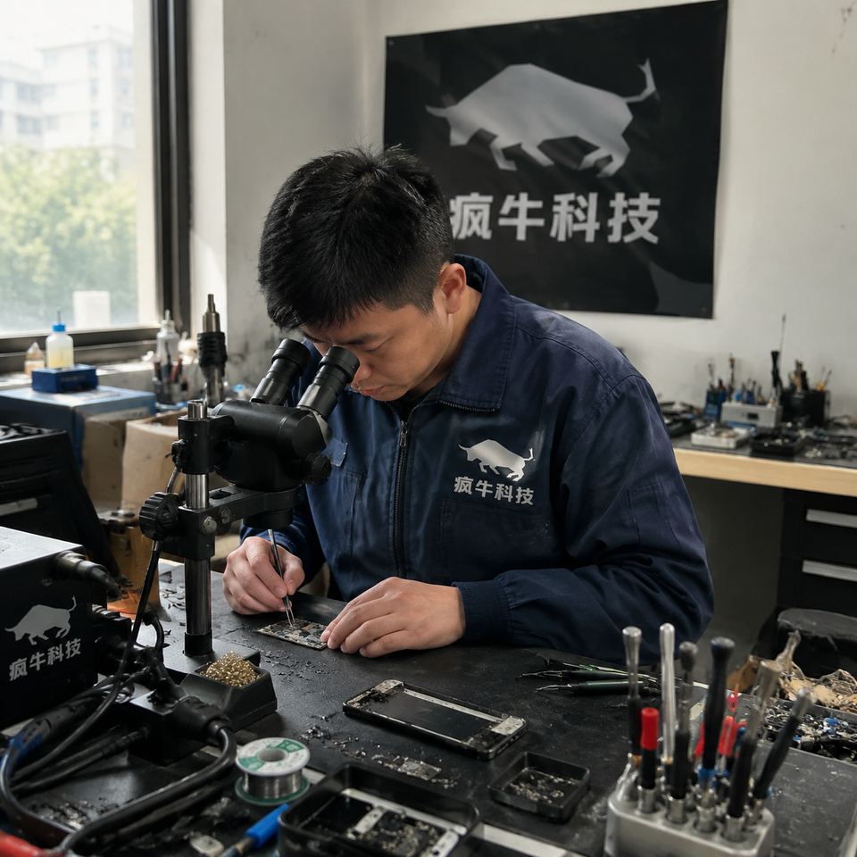 手機紀實抓拍,iPhone隨手拍質感。一位30歲左右的東亞男技術員正坐在略顯雜亂但非常專業的維修工作台前,低頭專注地用鑷子和放大鏡檢查一塊拆開的手機主機板。他穿著一件深藍色的防靜電工作服,胸前印有清晰的「瘋牛科技」Logo。工作台上散落著螺絲刀、熱風槍、焊台和一些零散的晶片。側面窗戶灑入自然的日光,畫面帶有一點生活化的雜亂感和真實的明暗對比,高真實感,無擺拍痕跡。