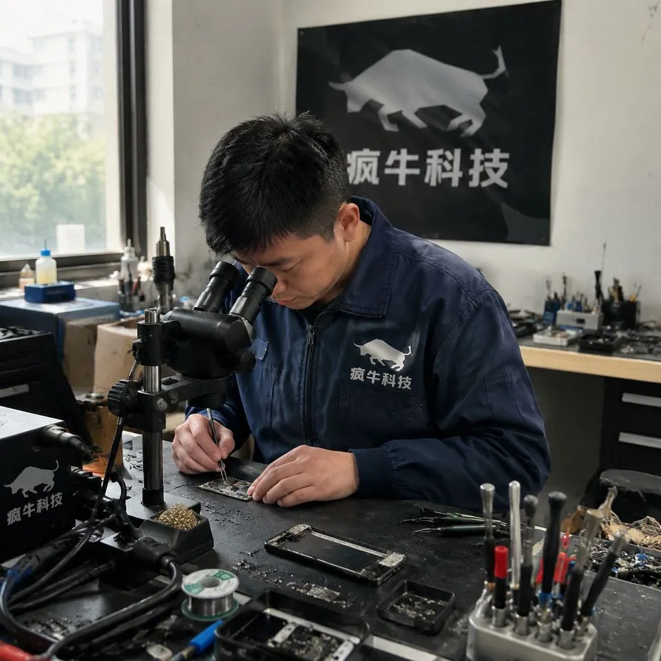手机纪实抓拍,iPhone随手拍质感。一位30岁左右的东亚男技术员正坐在略显杂乱但非常专业的维修工作台前,低头专注地用镊子和放大镜检查一块拆开的手机主板。他穿着一件深蓝色的防静电工作服,胸前印有清晰的「疯牛科技」Logo。工作台上散落着螺丝刀、热风枪、焊台和一些零散的芯片。侧面窗户洒入自然的日光,画面带有一点生活化的杂乱感和真实的明暗对比,高真实感,无摆拍痕迹。