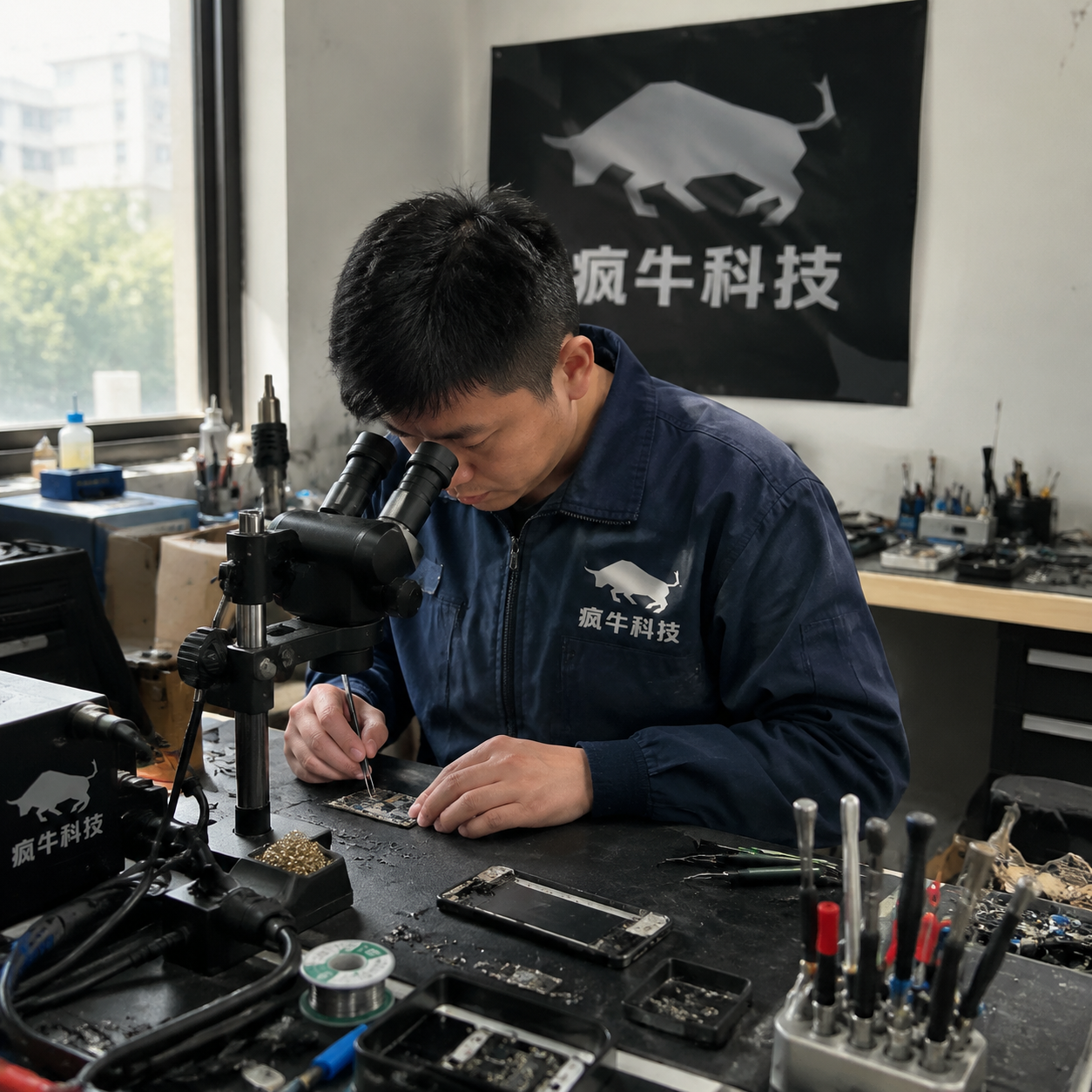 手机纪实抓拍,iPhone随手拍质感。一位30岁左右的东亚男技术员正坐在略显杂乱但非常专业的维修工作台前,低头专注地用镊子和放大镜检查一块拆开的手机主板。他穿着一件深蓝色的防静电工作服,胸前印有清晰的「疯牛科技」Logo。工作台上散落着螺丝刀、热风枪、焊台和一些零散的芯片。侧面窗户洒入自然的日光,画面带有一点生活化的杂乱感和真实的明暗对比,高真实感,无摆拍痕迹。