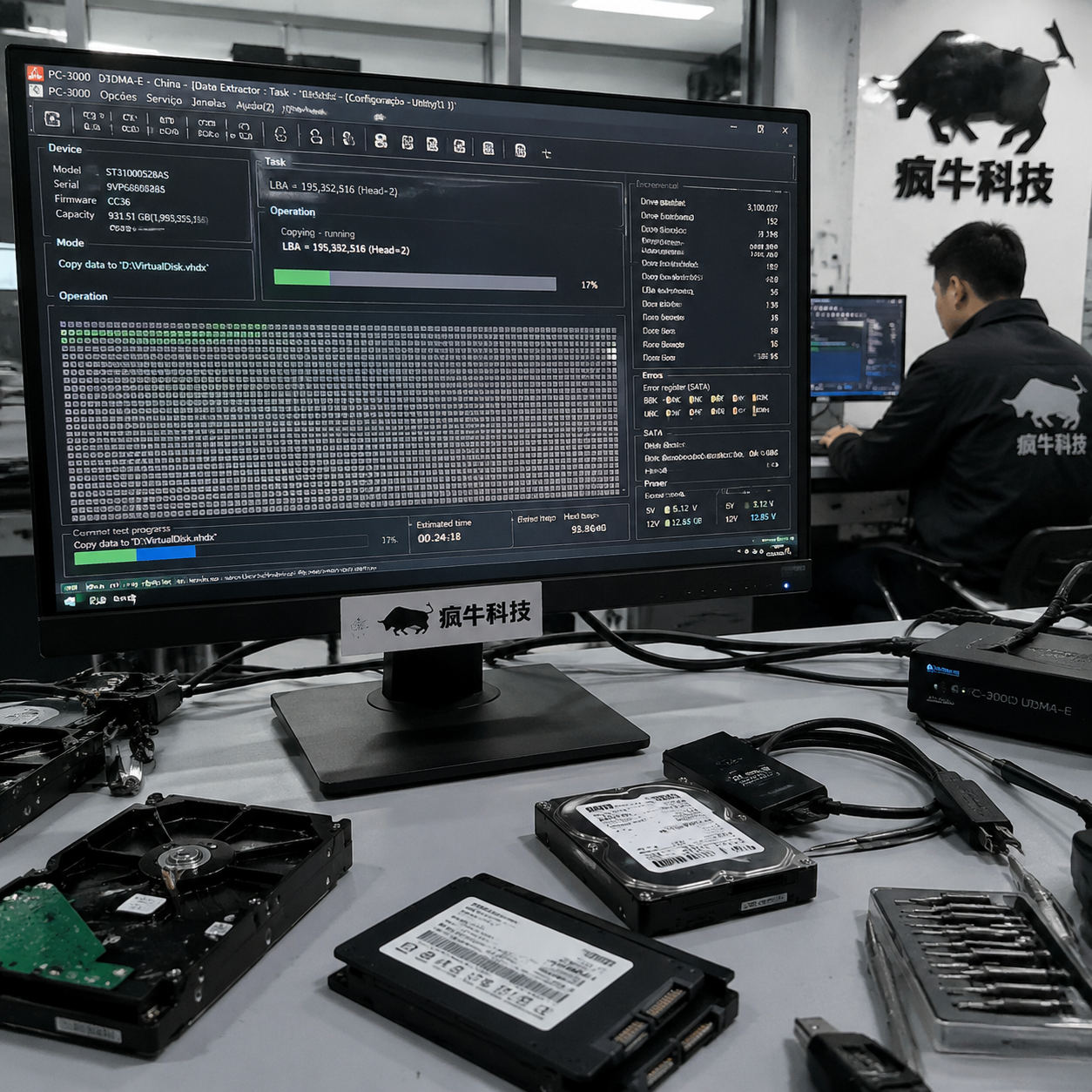 手机纪实抓拍,第一人称视角。近距离拍摄一个专业的数据恢复工作站,显示器上正运行着复杂的底层数据扫描软件,进度条正在读取。显示器底座上贴着一张醒目的「疯牛科技」Logo贴纸。工作台面上杂乱地摆放着几块拆开的机械硬盘、SSD固态硬盘和连接线。背景中可以看到一位穿着「疯牛科技」防静电服的工程师模糊的侧影,正在用键盘输入指令。自然光线,稍微带点环境杂乱感,极具真实感。