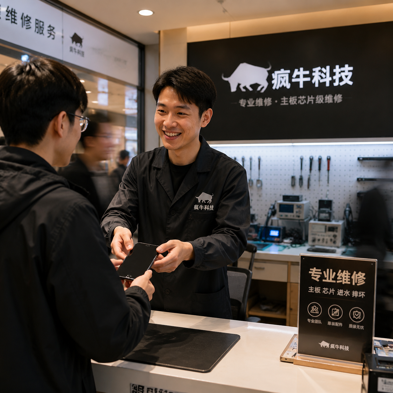 手机纪实抓拍,生活化场景。在一家位于数码城内的「疯牛科技」维修门店前,一位身穿印有「疯牛科技」Logo防静电工装的东亚男店员,正微笑着将一部修好的手机递给顾客。背景是整洁的维修柜台,墙上挂着「疯牛科技」的品牌灯箱,隐约可见背景里的无尘工作台和测试仪器。温暖柔和的室内光线,自然的抓拍视角,略带一点路人走过的动态模糊,极具亲和力和信任感。